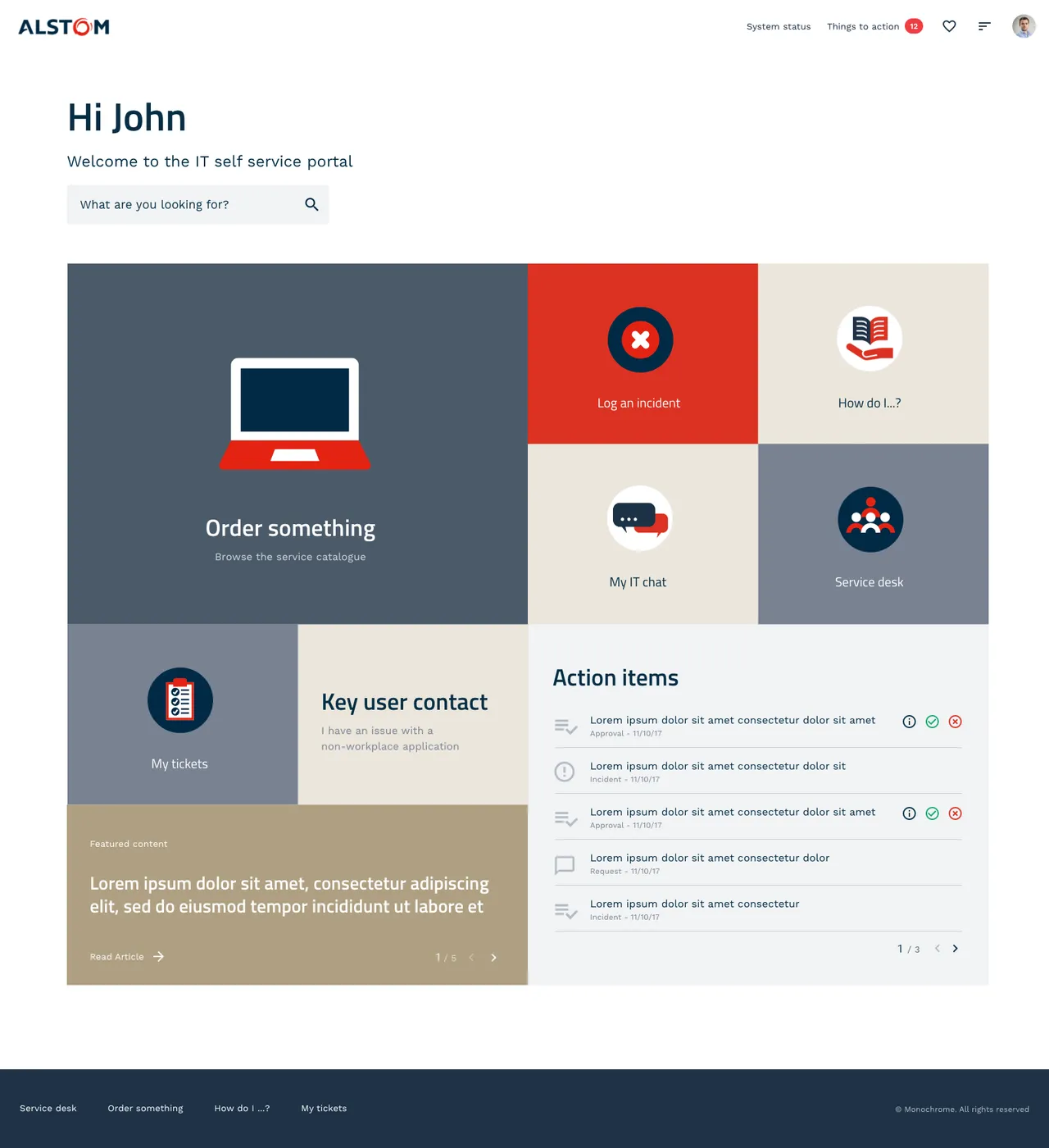 Alstom IT portal homepage with buttons for tickets, ordering, chat, and knowledge