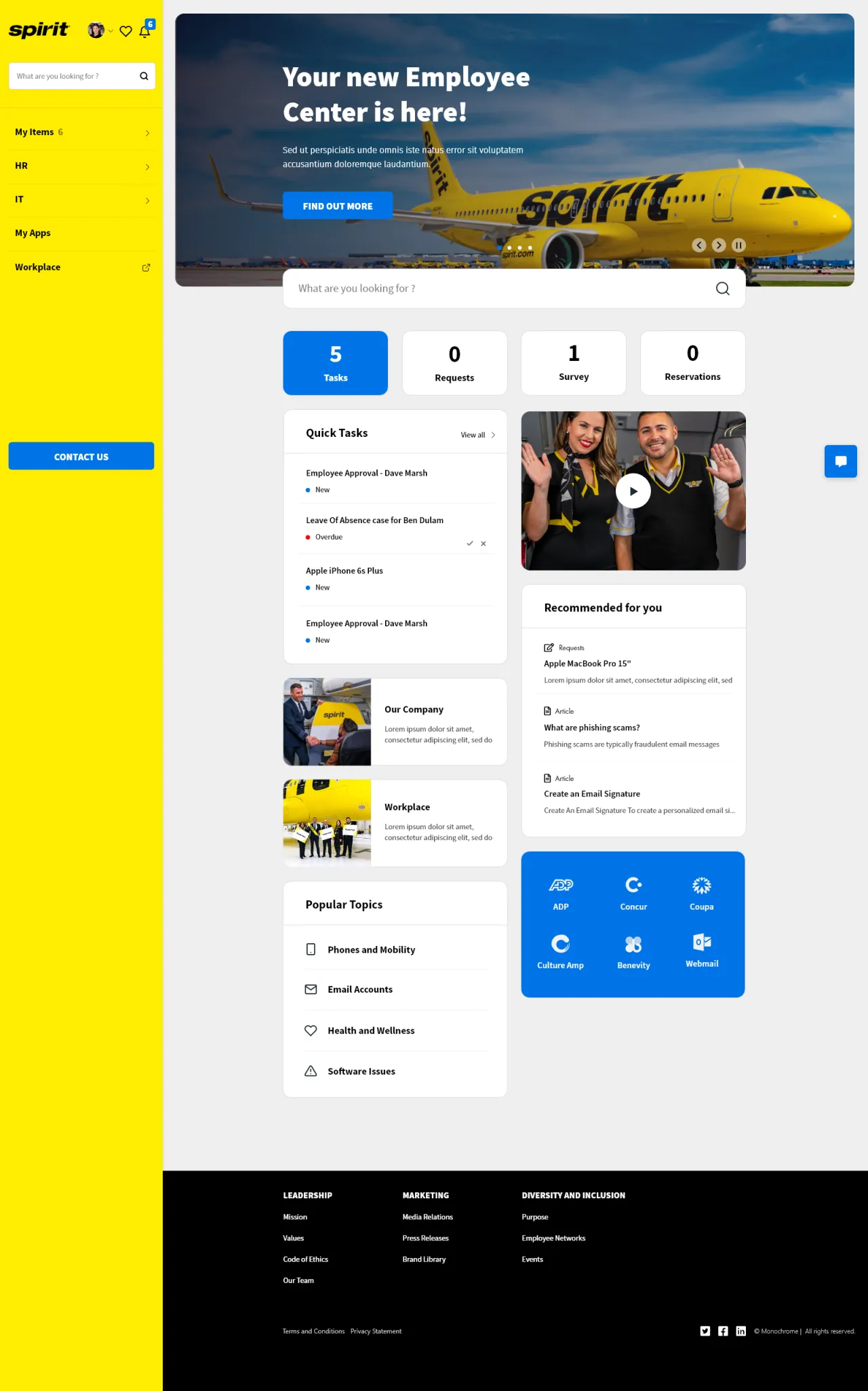 ServiceNow Employee Center concept for Spirit Airlines