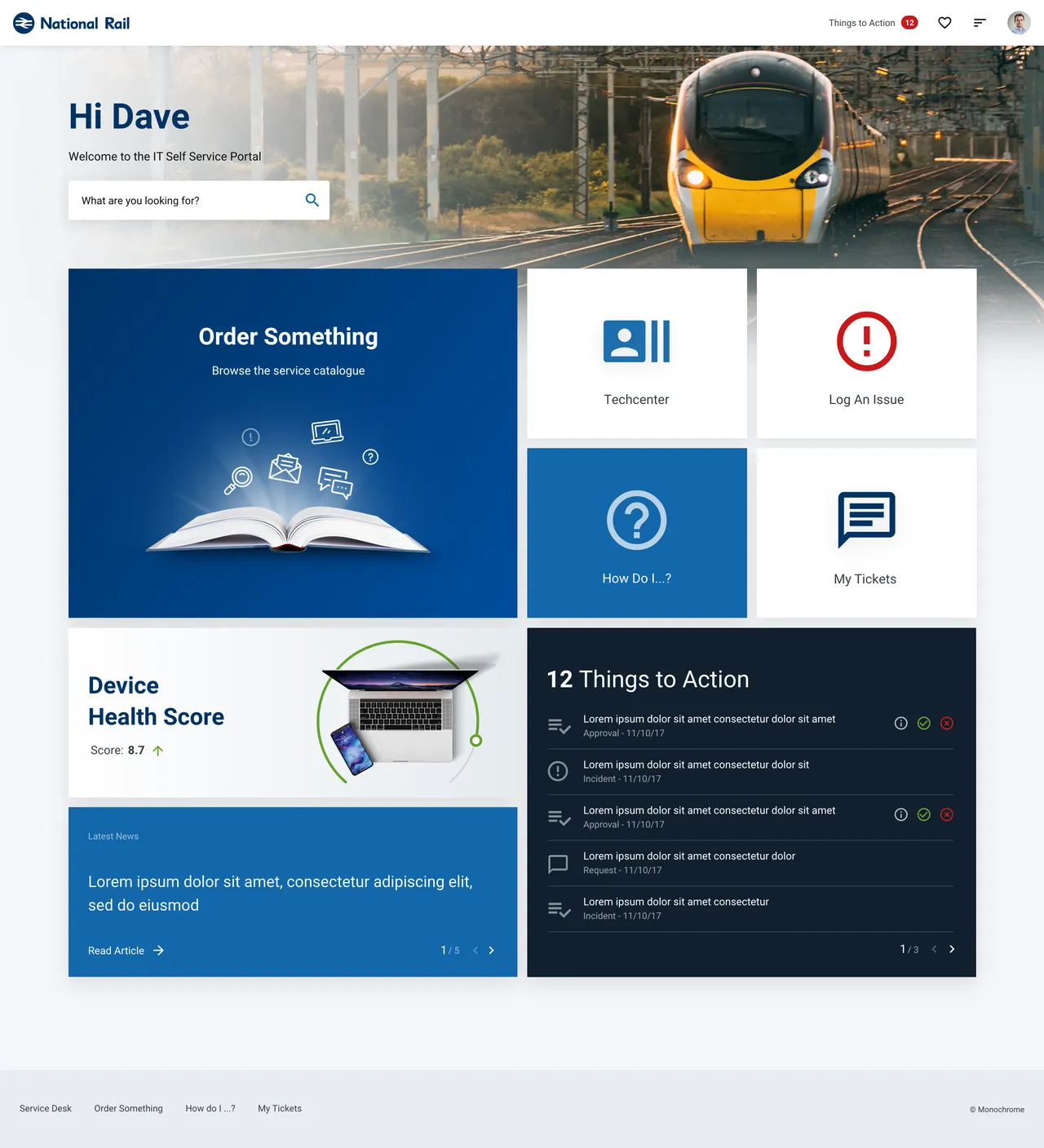 National Rail WOW Portal concept showing unified IT, HR, and service support for rail employees
