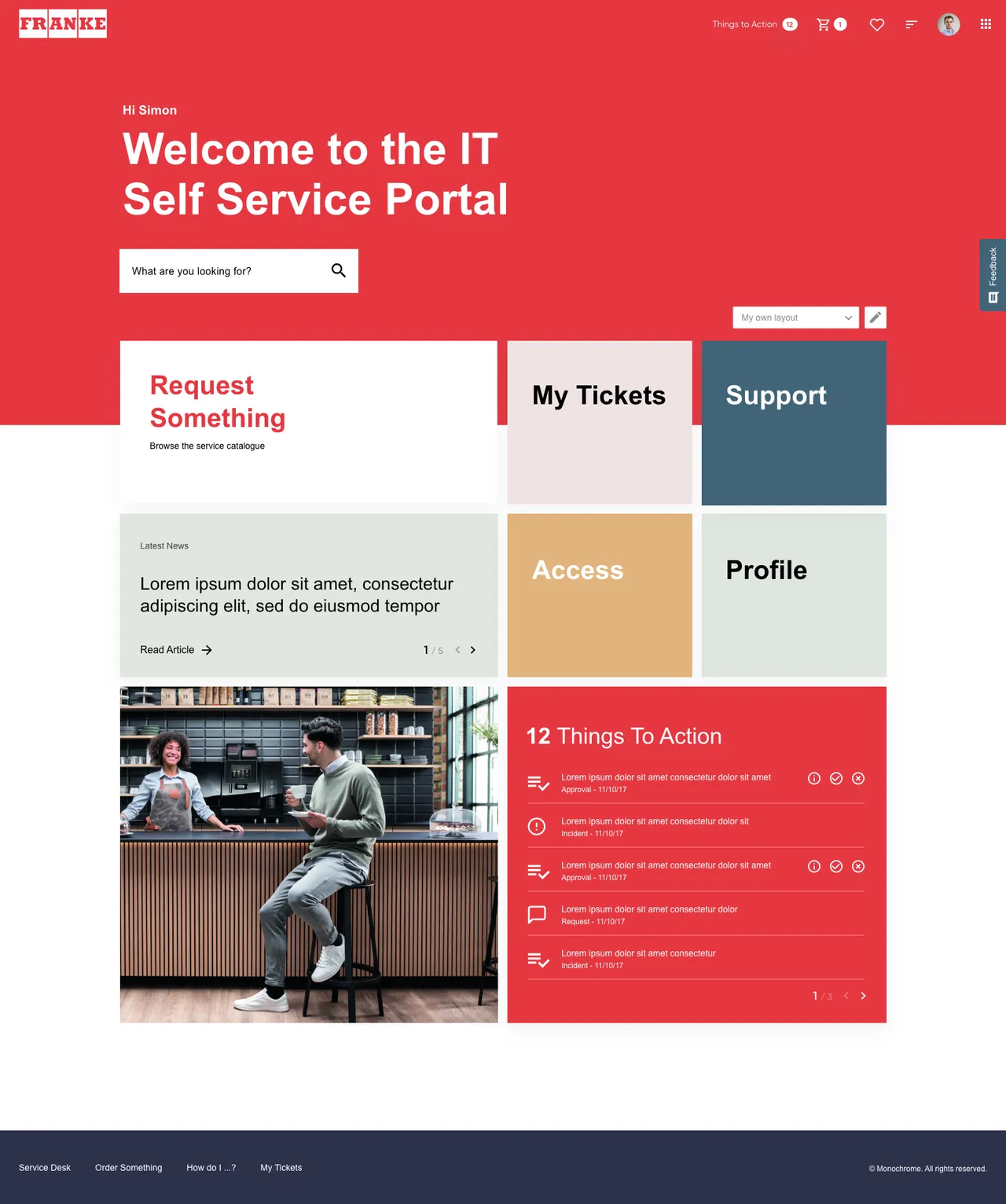 Franke self-service portal screenshot with ServiceNow tiles for tickets, access, and IT support