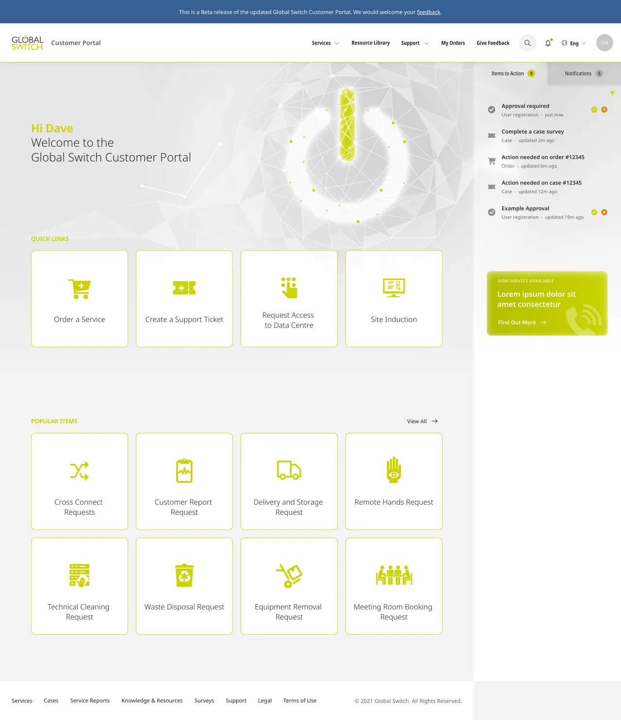 Custom cloud data dashboard for Global Switch built in ServiceNow by Monochrome
