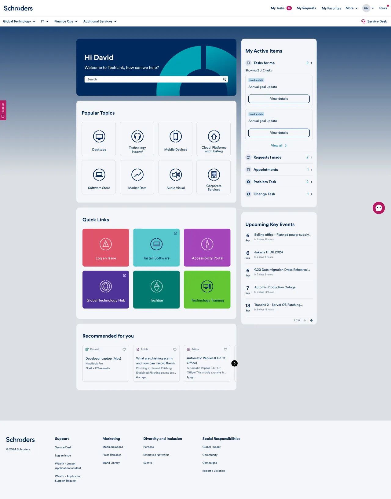 ServiceNow Employee Center portal designed by Monochrome for Schroders