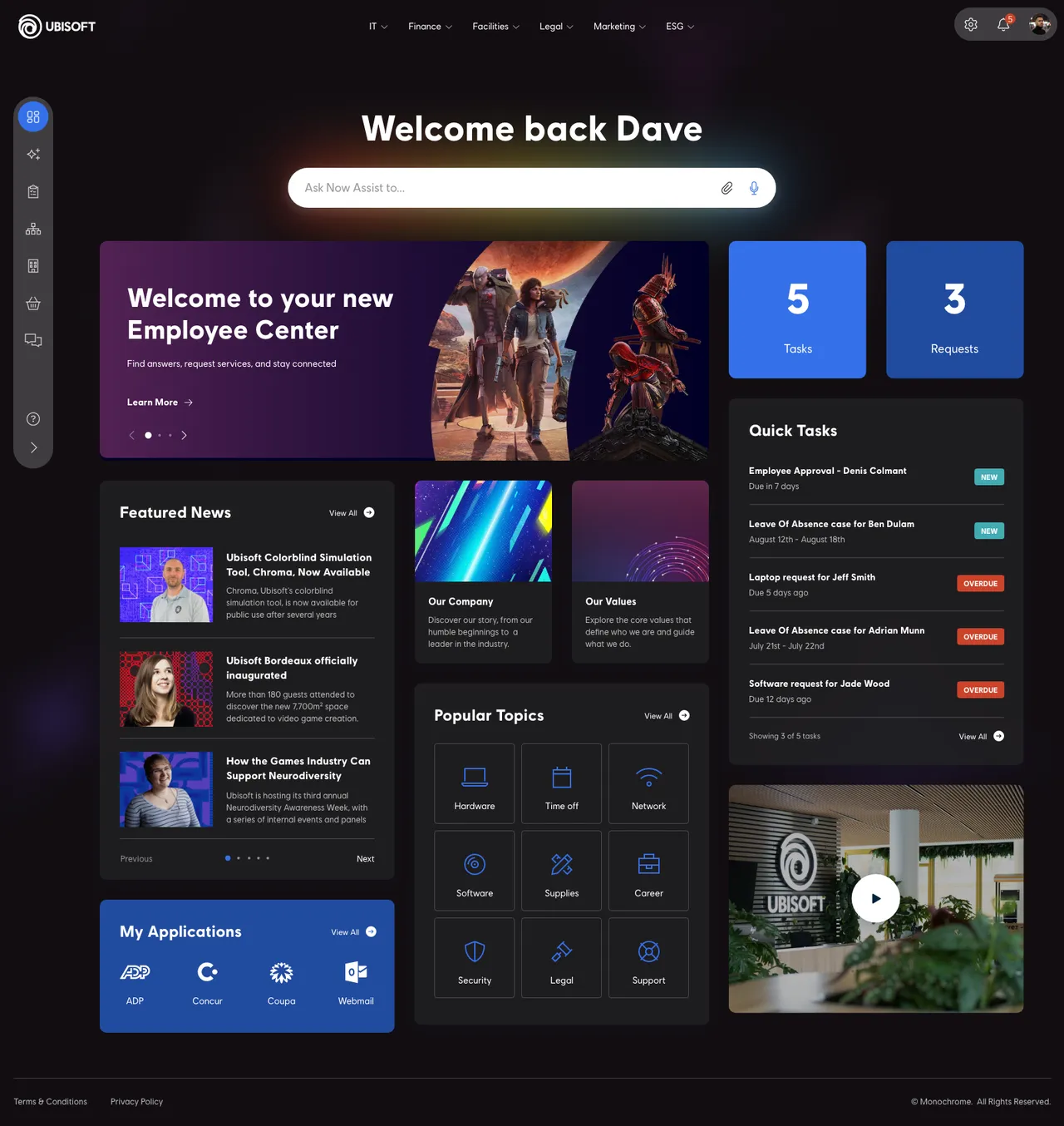 Employee Center example, Ubisoft | by Monochrome