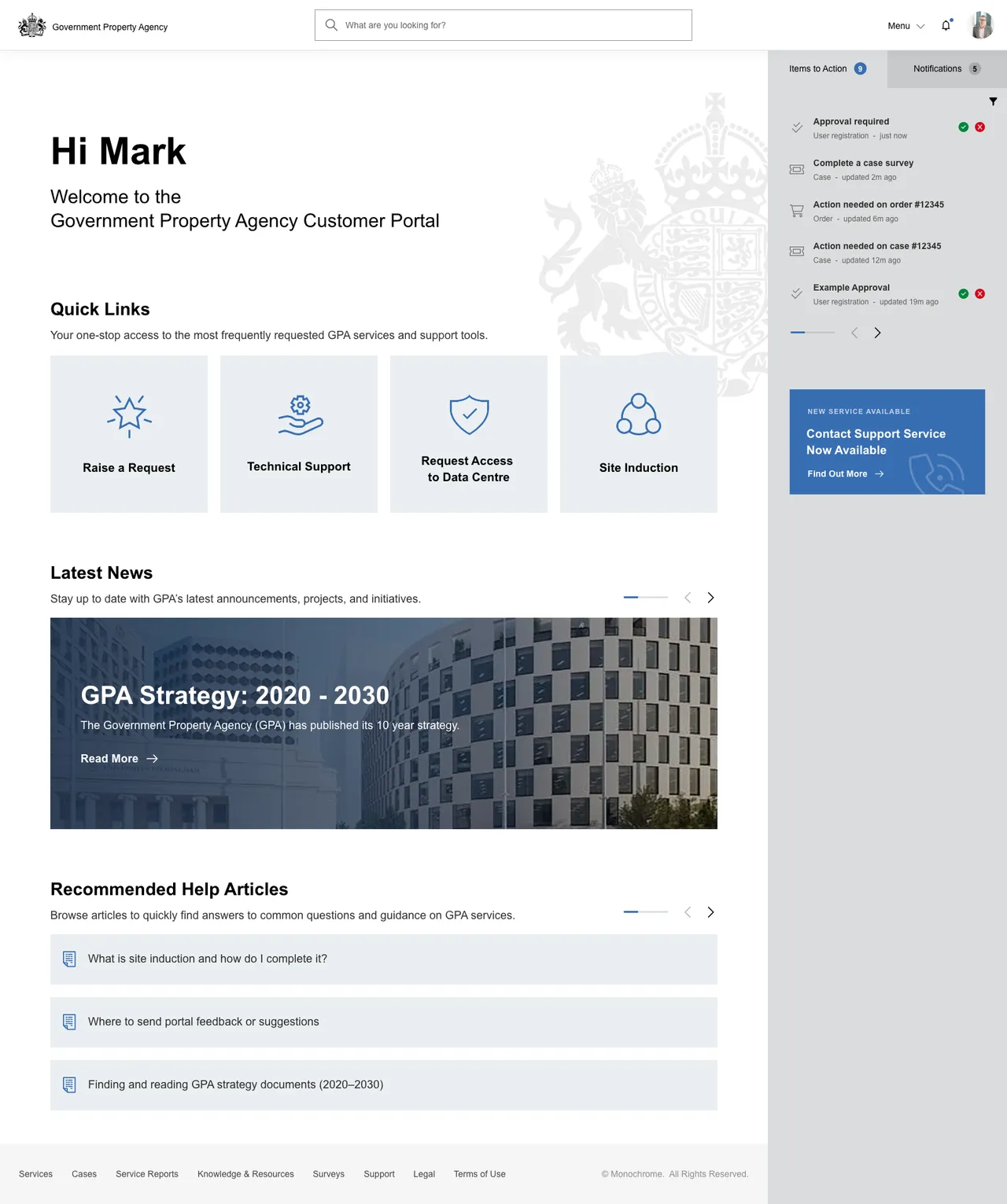 ServiceNow customer portal example, Government Property Agency