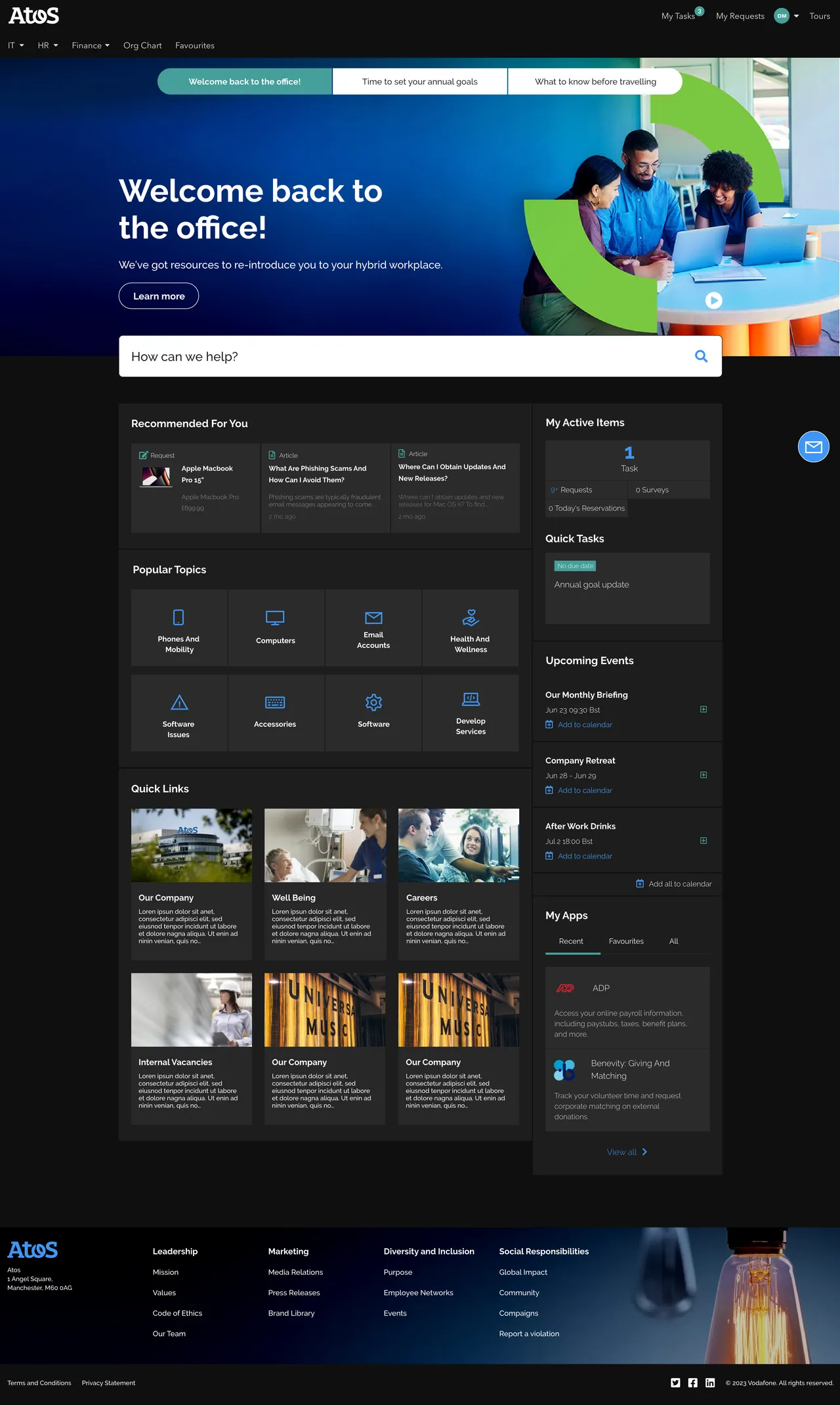 Atos's integrated ServiceNow Employee Center dashboard