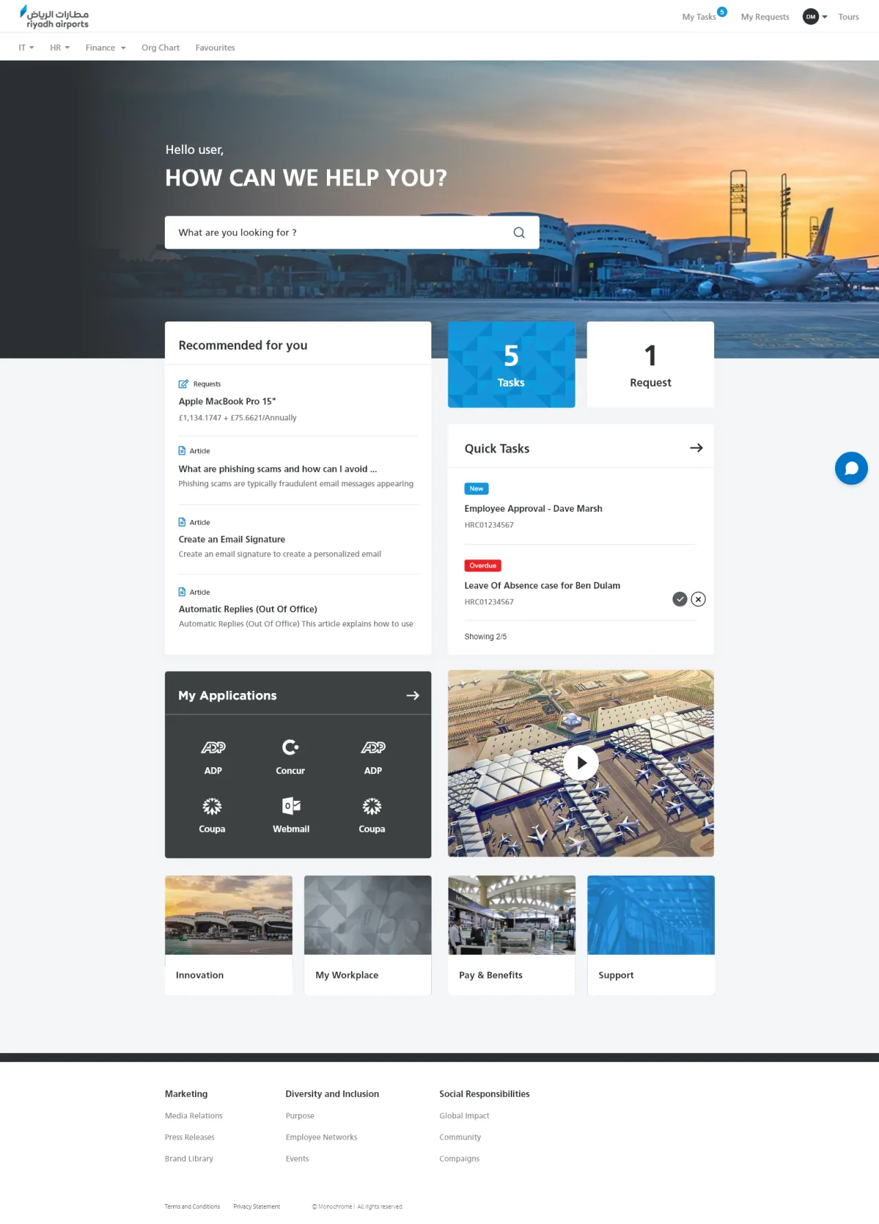 Riyadh Airports Employee Center portal interface showing HR, IT, and facilities services in a clear, branded layout