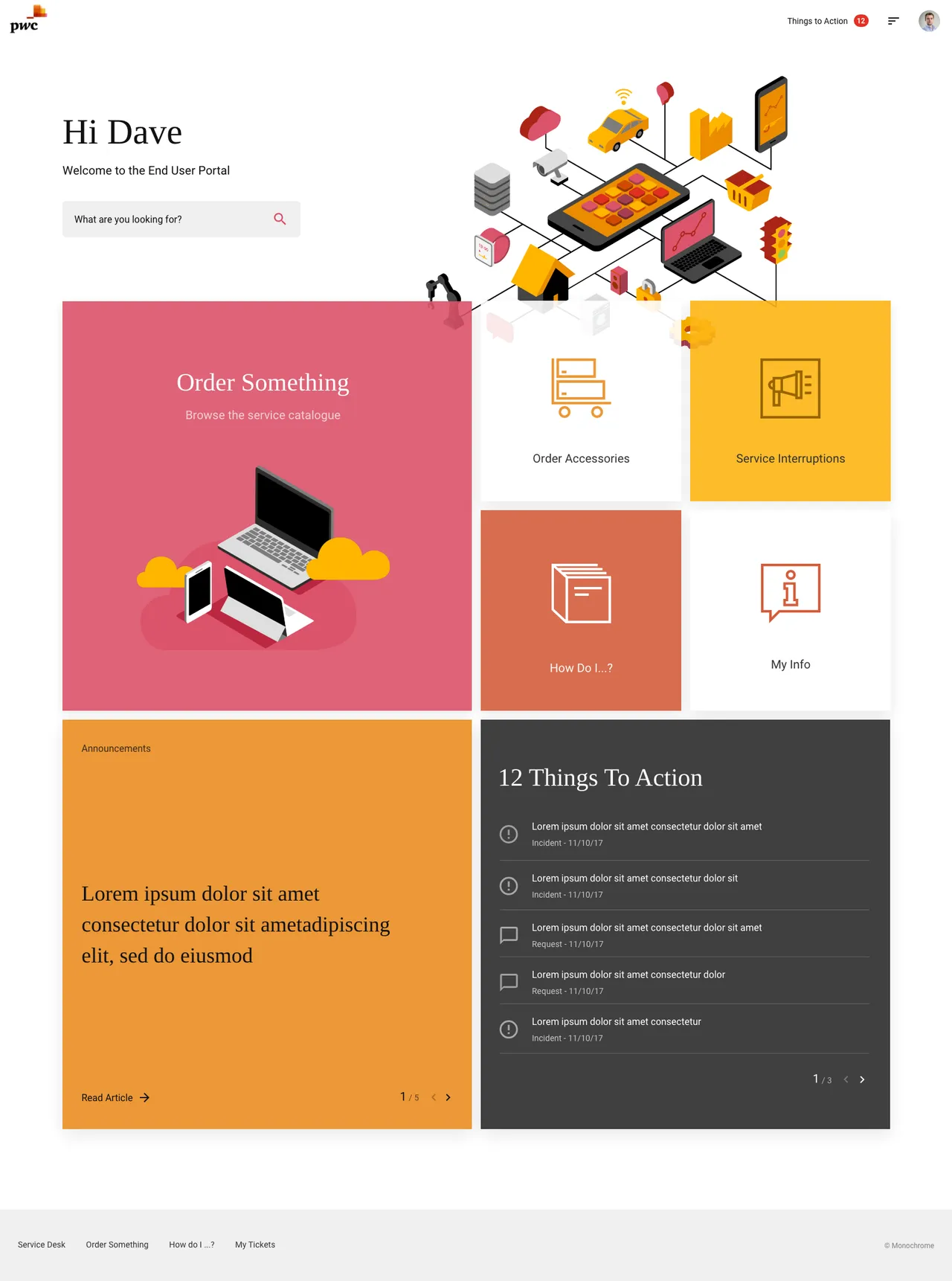 PWC WOW! Portal interface with role-specific access to HR, training, and IT support services