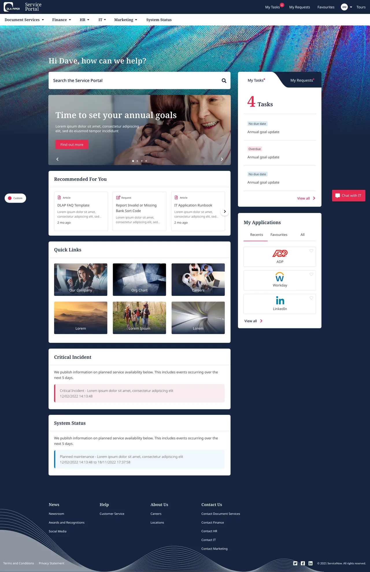 DLA Piper ServiceNow Employee Center Home Page