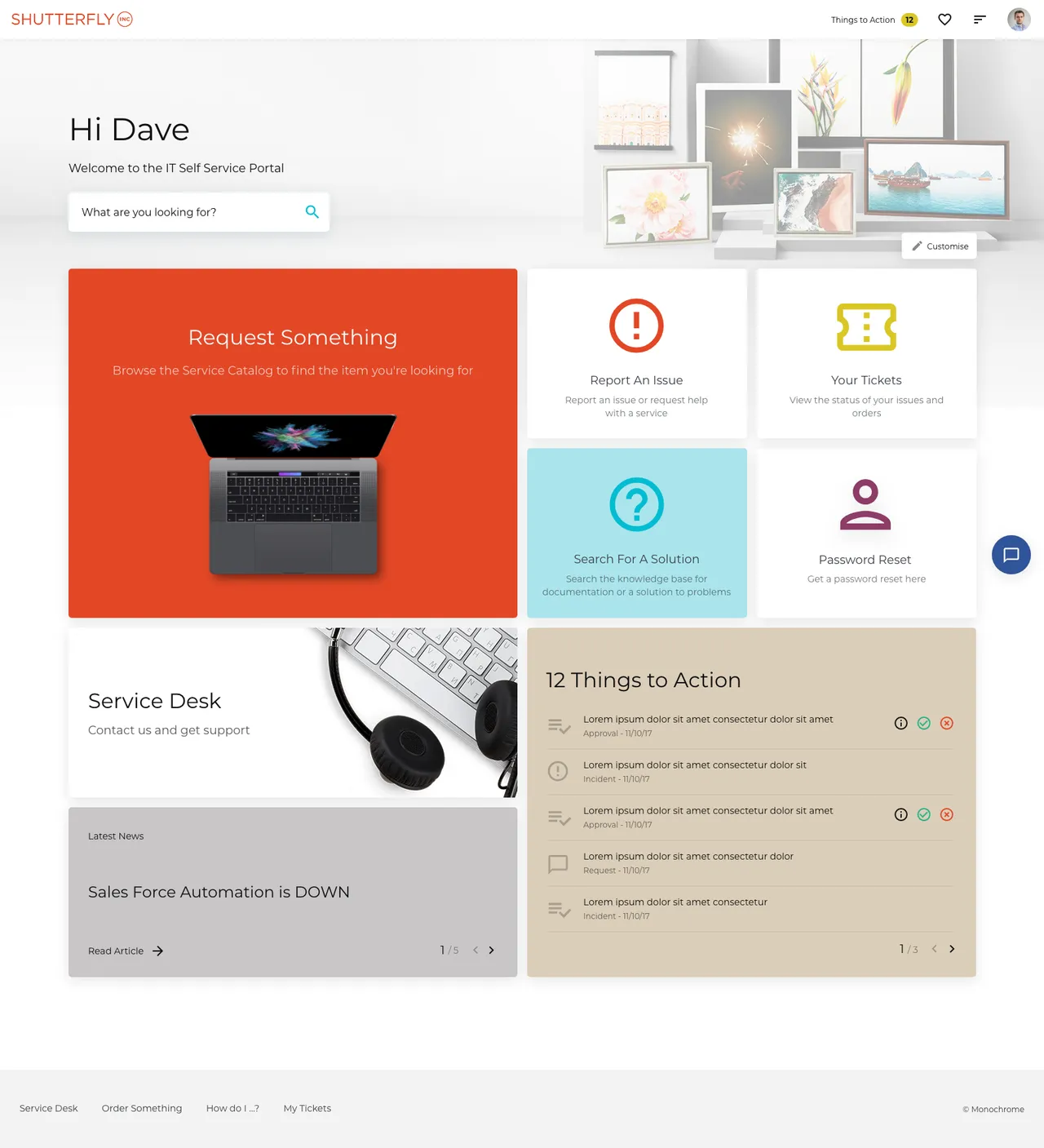 Shutterfly IT Service Portal with options for logging incidents, requesting services, and accessing IT resources