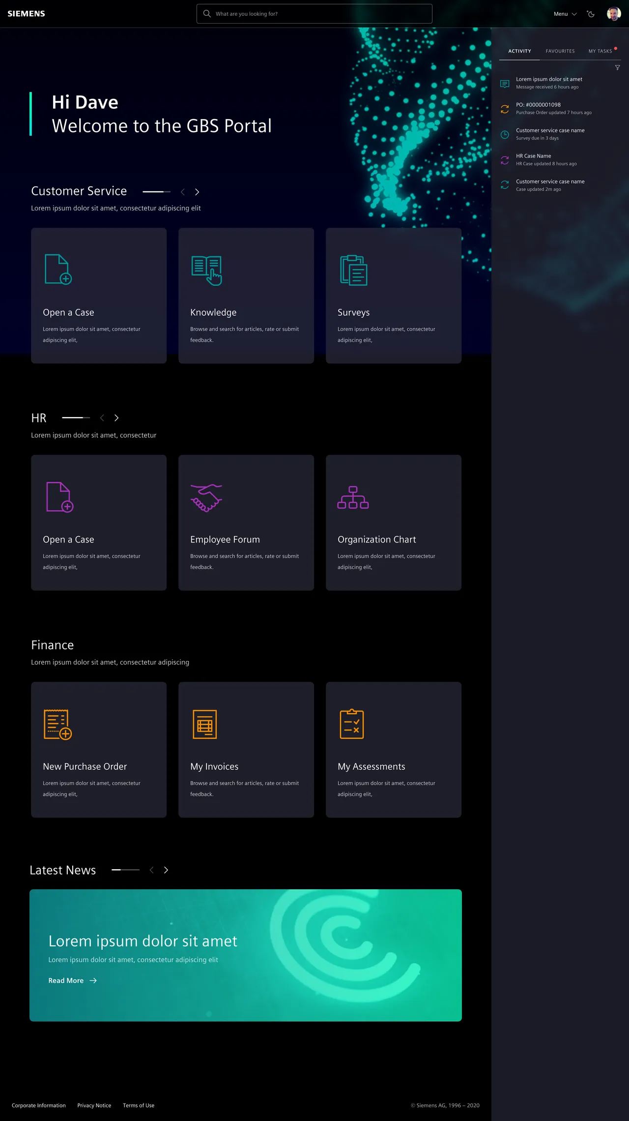 Siemens Service Portal interface showing branded customer dashboard with IT and HR support