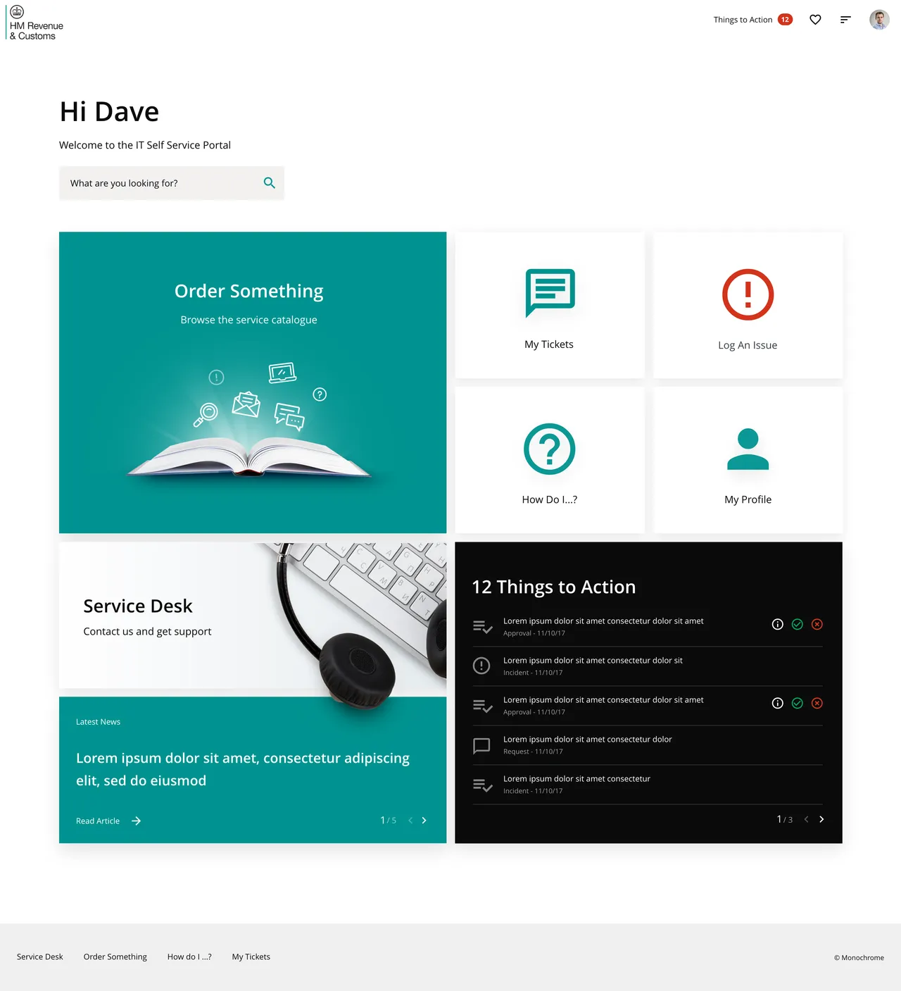 HMRC ServiceNow IT Service Portal with incident reporting, service requests, and knowledge base