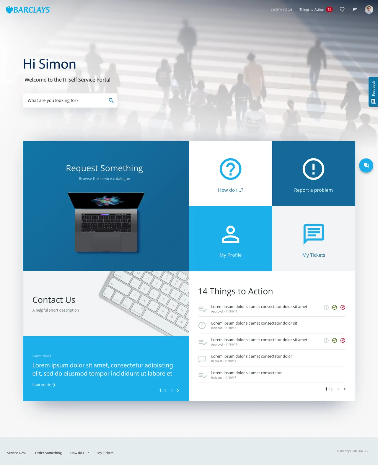 Barclays IT WOW! Portal with incident logging, service requests, and knowledge base access
