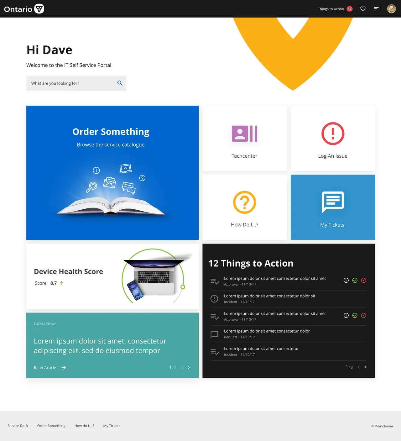 Ontario ServiceNow IT Self-Service Portal with ticket logging, service catalogue, and knowledge base