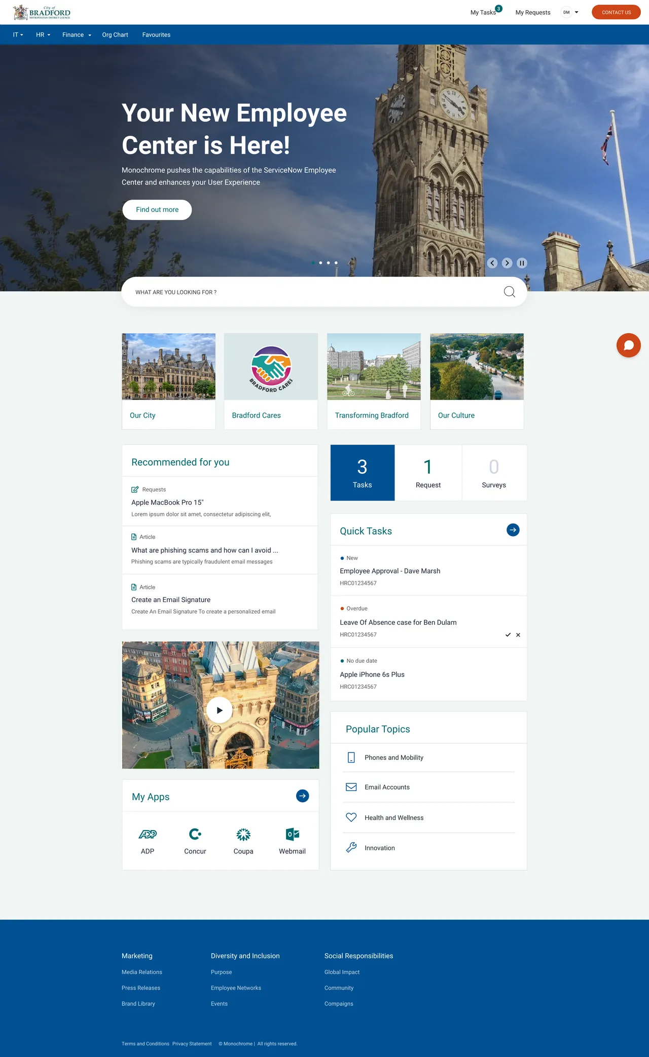 Bradford's centralised ServiceNow Employee Center Concept