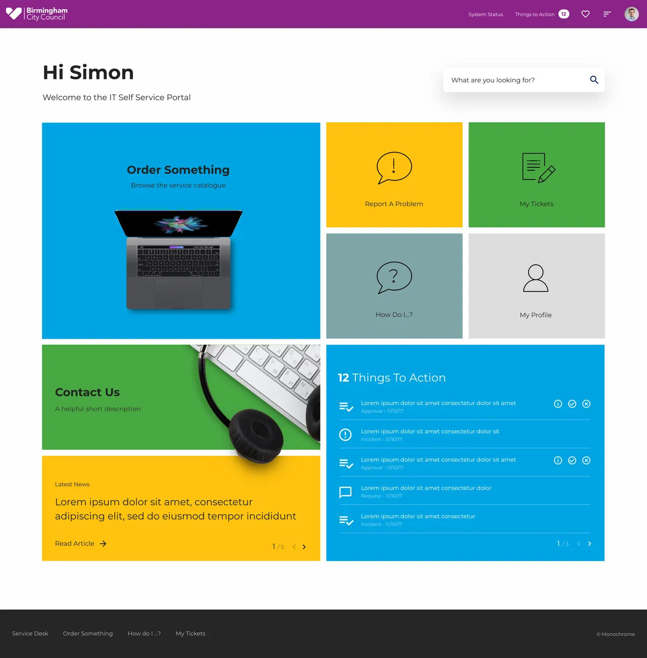 Birmingham City Council IT WOW! Portal with incident logging, IT service requests, and knowledge base access