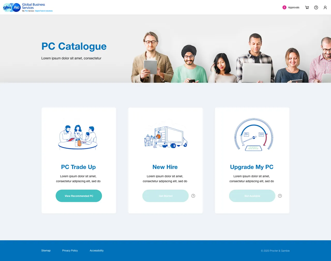 P&G IT Service Portal showing PC trade up, new hire, and upgrade request options