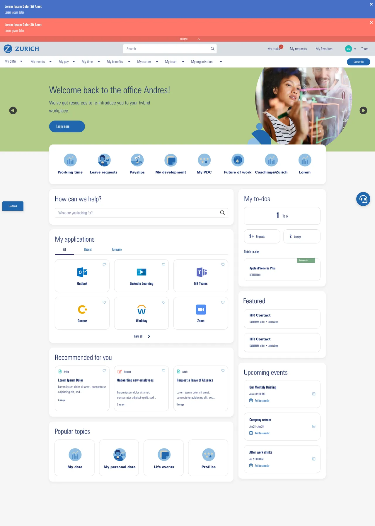 Zurich Employee Center interface showing access to HR requests, IT support, and policy content