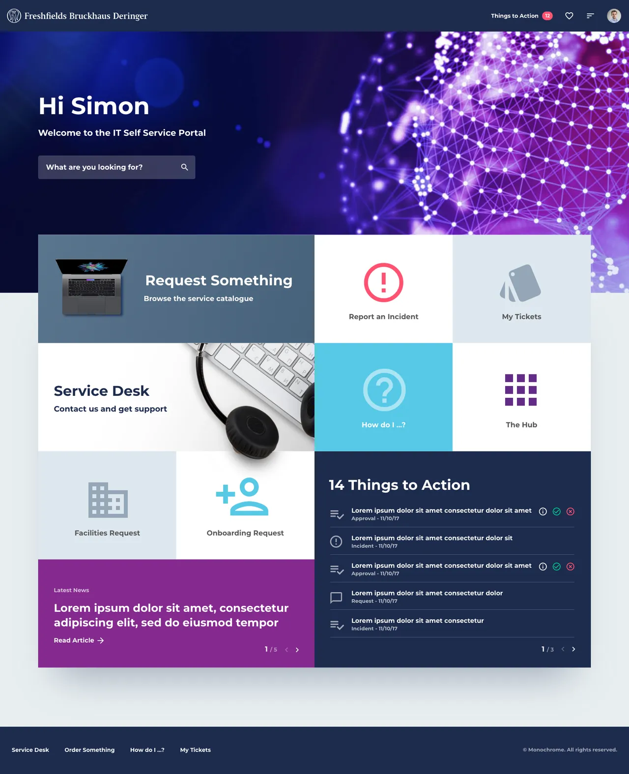 Freshfields ServiceNow IT portal with incident logging, onboarding, and knowledge access tiles