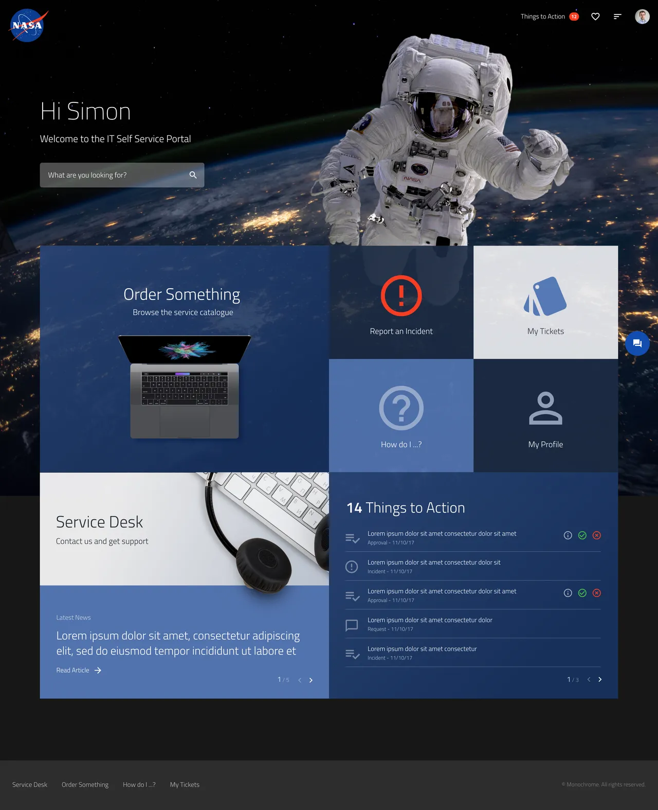 NASA ServiceNow IT Service Portal with incident logging, service catalogue, and knowledge base