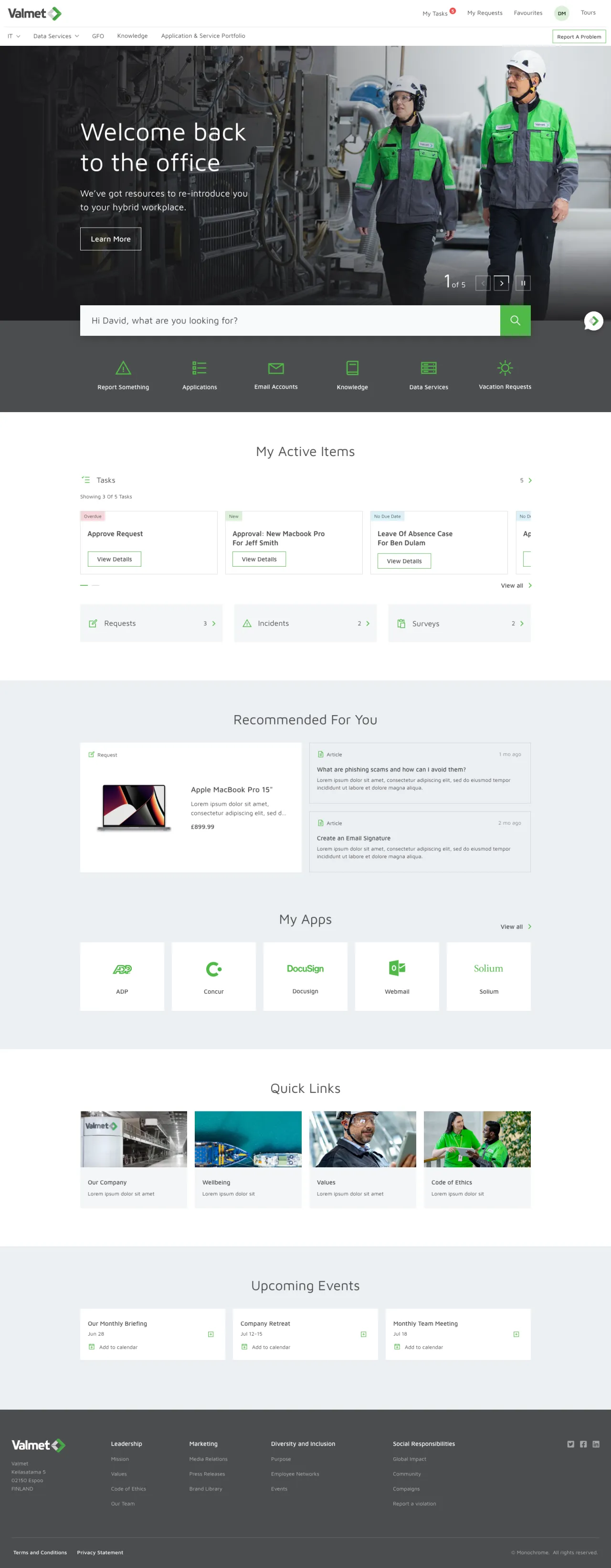 ServiceNow Employee Center Concept for Valmet