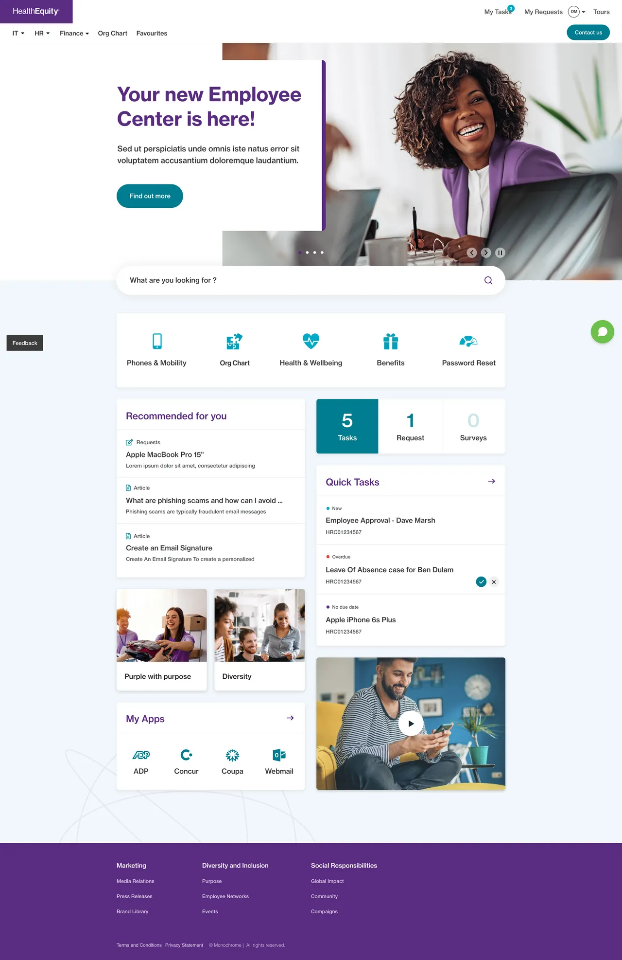 Health Equity's secure ServiceNow Employee Center Concept 