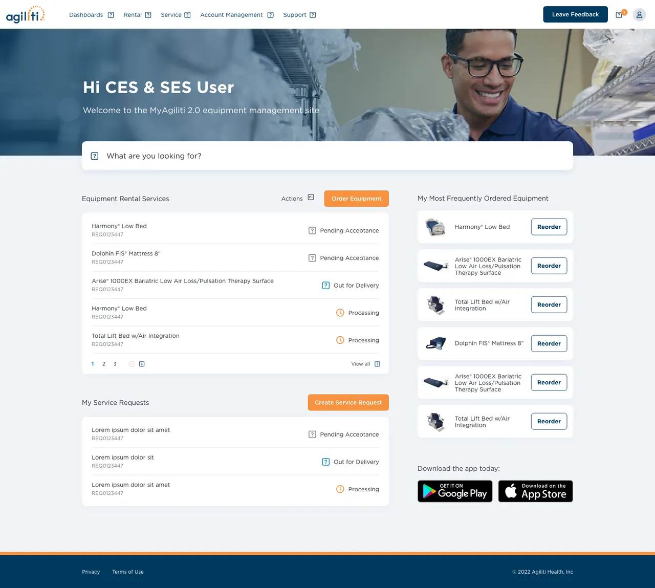 Agiliti custom portal interface showing equipment requests, tracking tools, and support access