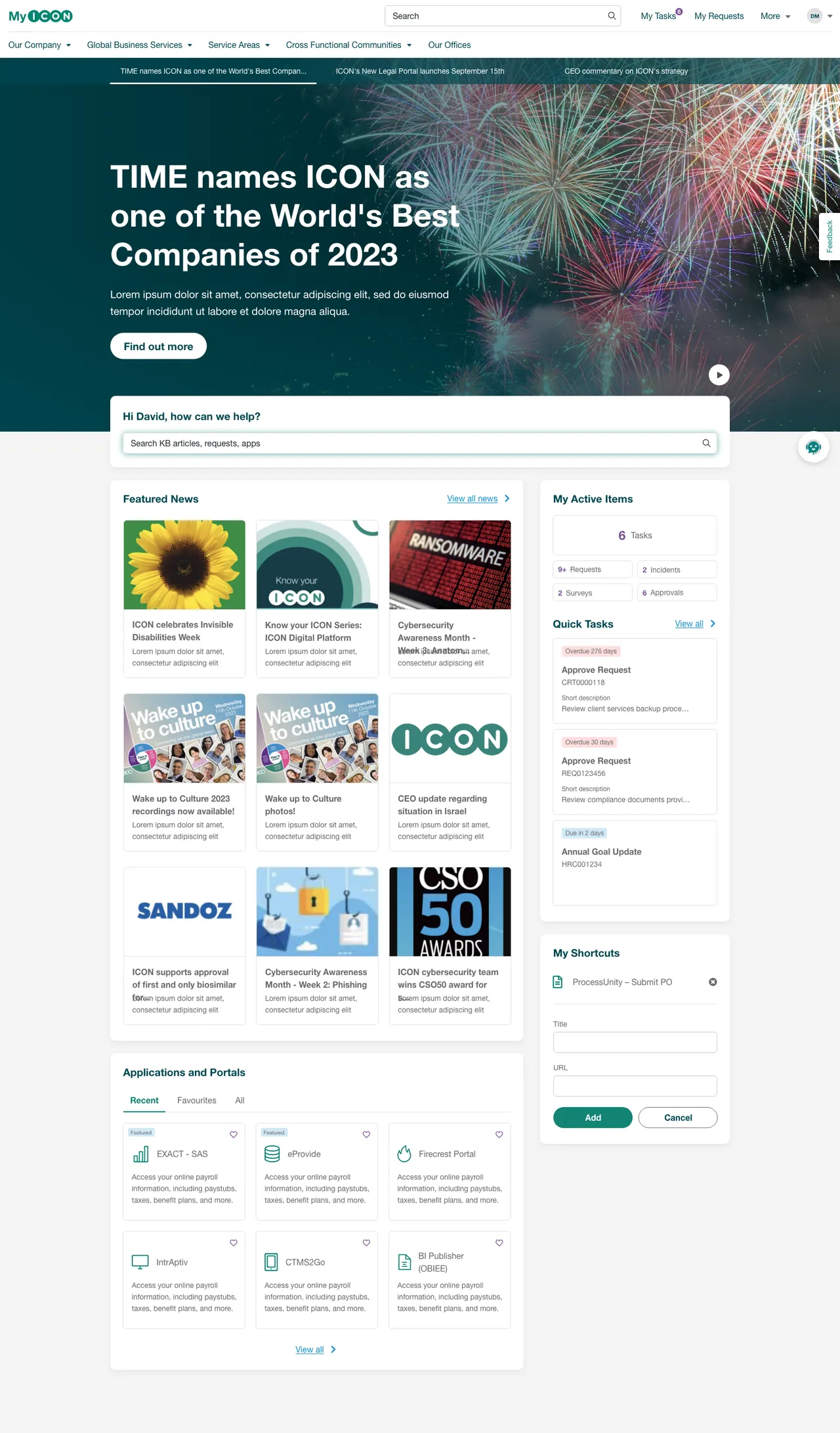 My ICON ServiceNow Employee Center Intranet Home Page