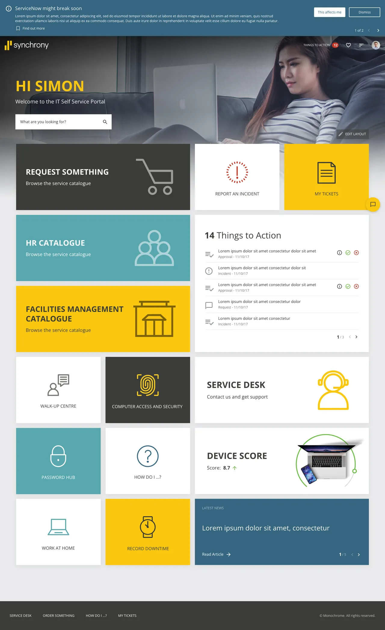 Synchrony WOW! Portal for IT self-service with incident logging, service requests, and role-based content