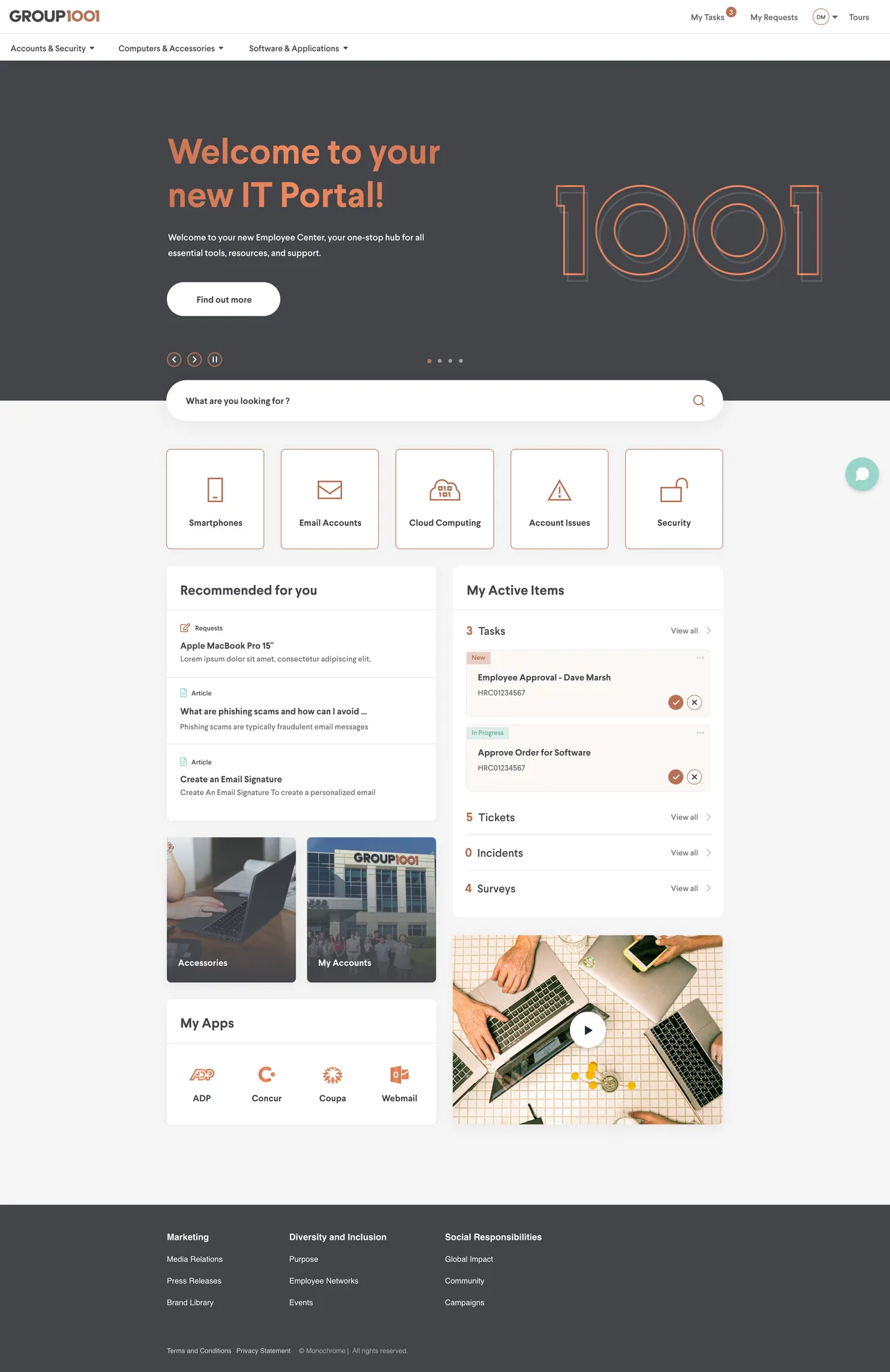 Group 1001 ServiceNow IT Service Portal for logging incidents, tracking tickets, and accessing IT resources