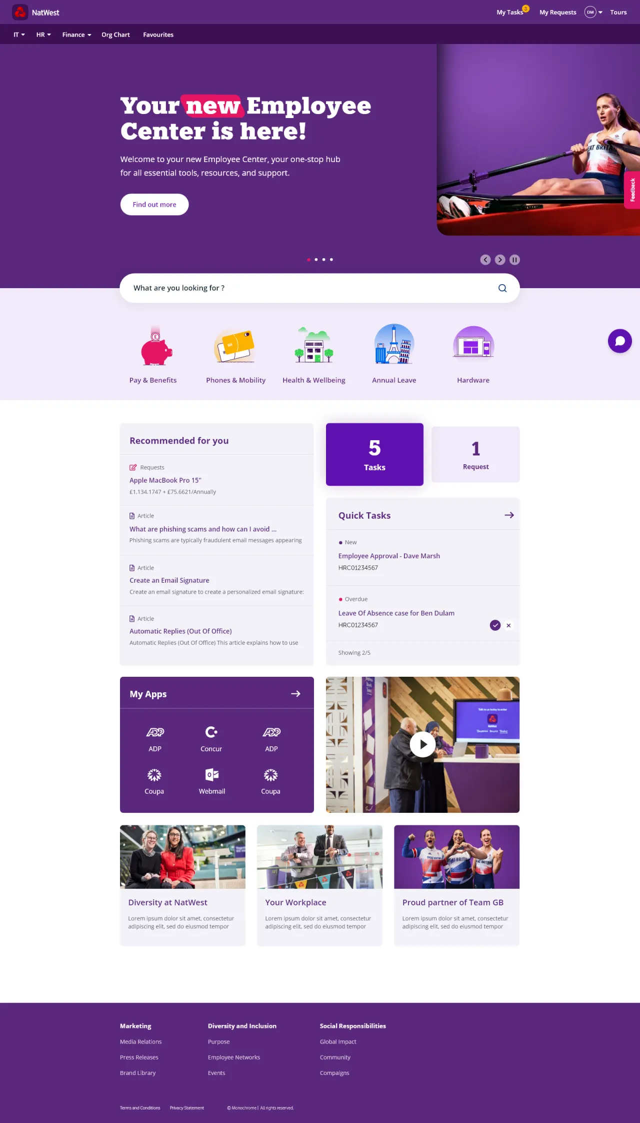 NatWest ServiceNow Employee Center UX Design by Monochrome
